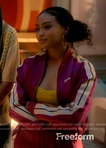 Kiela’s pink metallic bomber jacket on Grown-ish