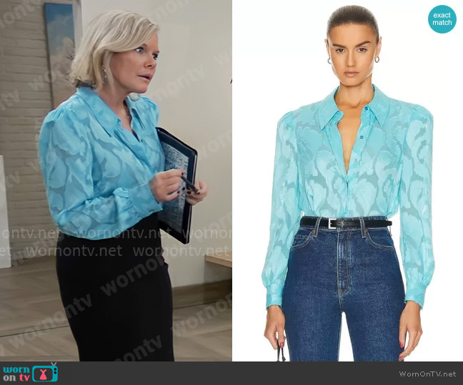 L'Agence Jenica Blouse in Aqua worn by Ava Jerome (Maura West) on General Hospital