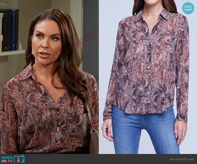 L'Agence Laurent Blouse In Brown Multi Neutral Paisley worn by Chloe Lane (Nadia Bjorlin) on Days of our Lives