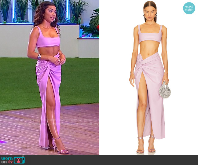 LaPointe Faux Leather Scoop Bra Top in Blossom worn by Sarah Hyland on Love Island USA