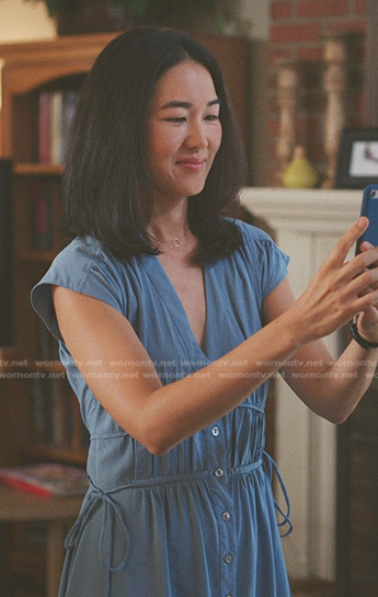 Laurel’s blue button front midi dress on The Summer I Turned Pretty