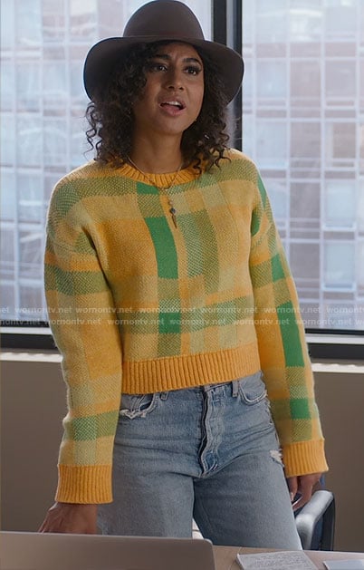 Leah’s yellow and green checked sweater on So Help Me Todd