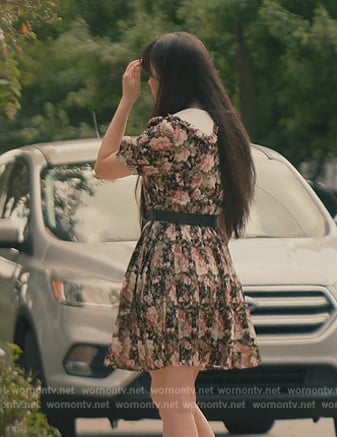 Lily’s black floral print dress on Sweet Magnolias