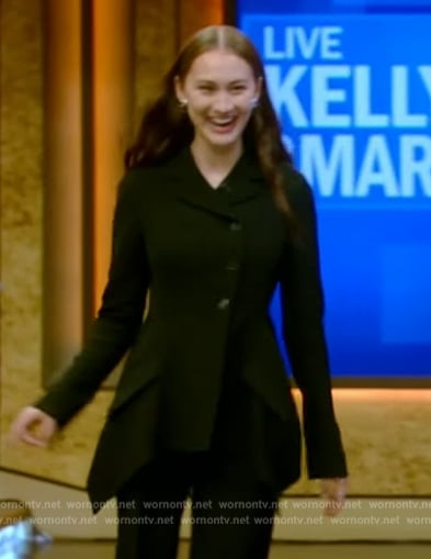 Lola Tung’s black asymmetric jacket and pants on Live with Kelly and Mark
