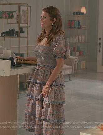Maddie’s blue smocked floral print top and skirt on Sweet Magnolias