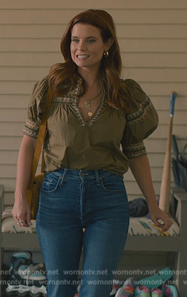 Maddie’s green embroidered short sleeve top on Sweet Magnolias