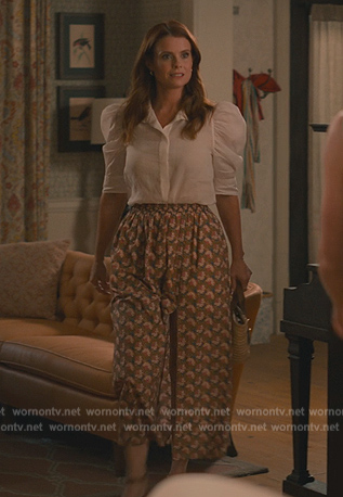 Maddie’s white puff sleeve top and printed skirt on Sweet Magnolias