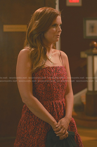 Maddie’s red floral flare mini dress on Sweet Magnolias
