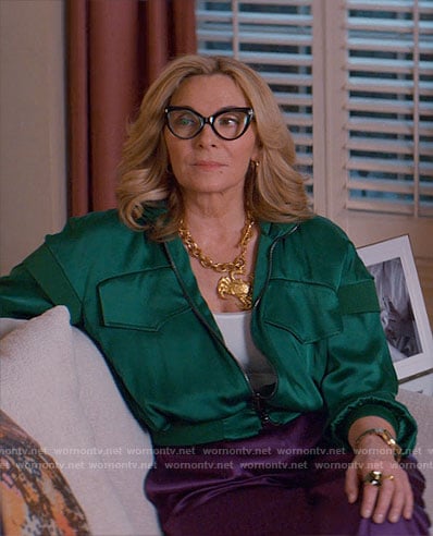 Madolyn’s green satin bomber jacket on Glamorous