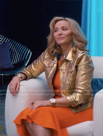 Madolyn’s orange dress and gold denim jacket on Glamorous