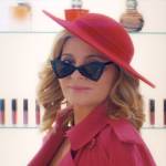 Madolyn’s red sweetheart dress and triangle sunglasses on Glamorous