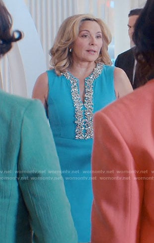 Madolyn’s turquoise blue crystal embellished dress on Glamorous