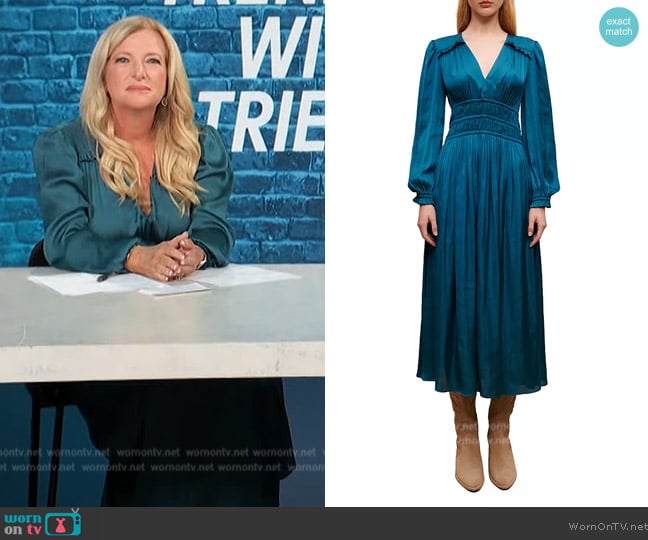 Maje Riannette Smocked Midi Dress worn by Alison Triessl on Access Hollywood