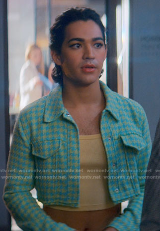 Marco’s green and blue houndstooth cropped jacket on Glamorous