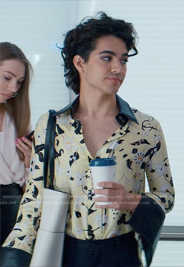 Marco’s lime yellow floral blouse with leather collar on Glamorous
