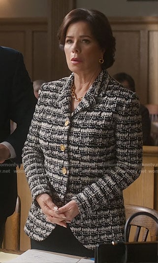 Margaret’s black and white tweed jacket on So Help Me Todd