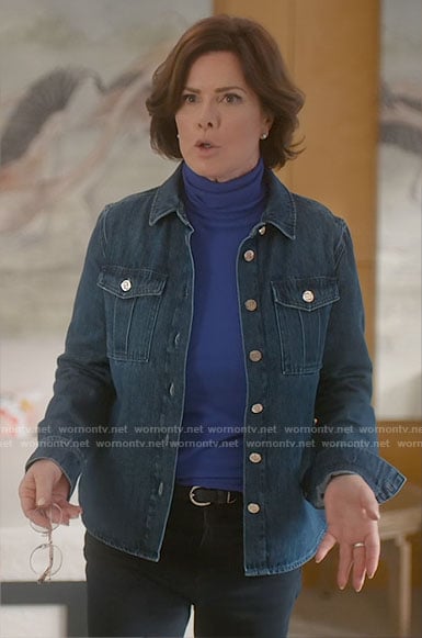 Margaret’s denim jacket and purple clogs on So Help Me Todd