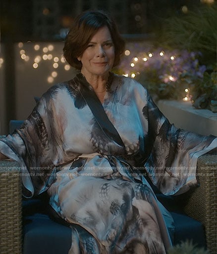 Margaret’s feather print silk robe on So Help Me Todd