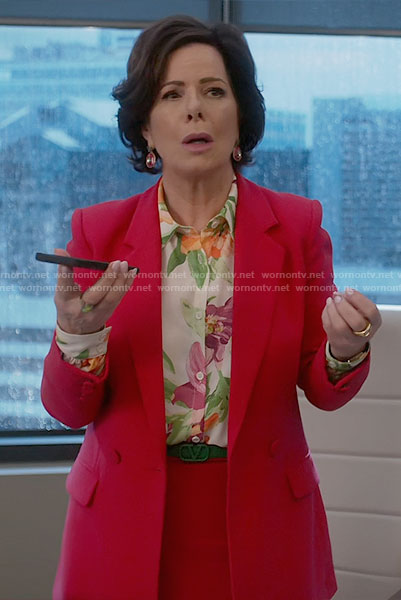 Margaret’s floral blouse and pink suit on So Help Me Todd
