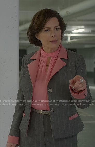 Margaret’s grey pinstriped suit with pink trims on So Help Me Todd