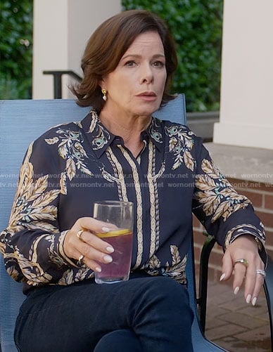 Margaret’s navy feather print blouse on So Help Me Todd