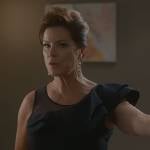Margaret’s navy ruffled shoulder evening gown and jewelry on So Help Me Todd