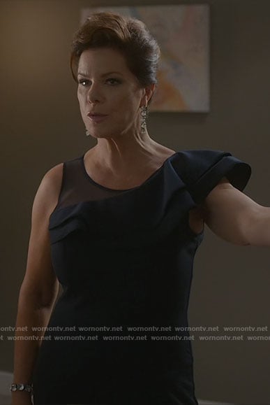 Margaret’s navy ruffled shoulder evening gown and jewelry on So Help Me Todd
