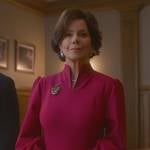 Margaret’s pink long sleeved dress with split neck on So Help Me Todd