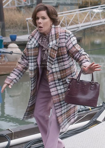 Margaret’s plaid coat and burgundy bag on So Help Me Todd
