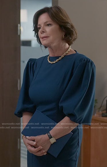 Margaret’s teal balloon sleeve dress on So Help Me Todd