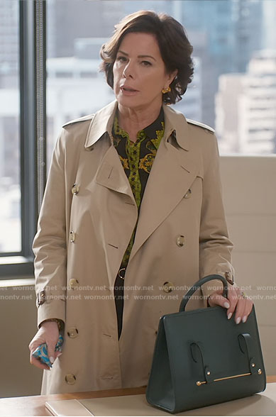 Margaret’s green floral blouse and trench coat on So Help Me Todd