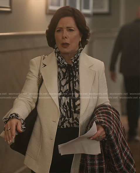 Margaret’s black and white printed blouse and tweed blazer on So Help Me Todd