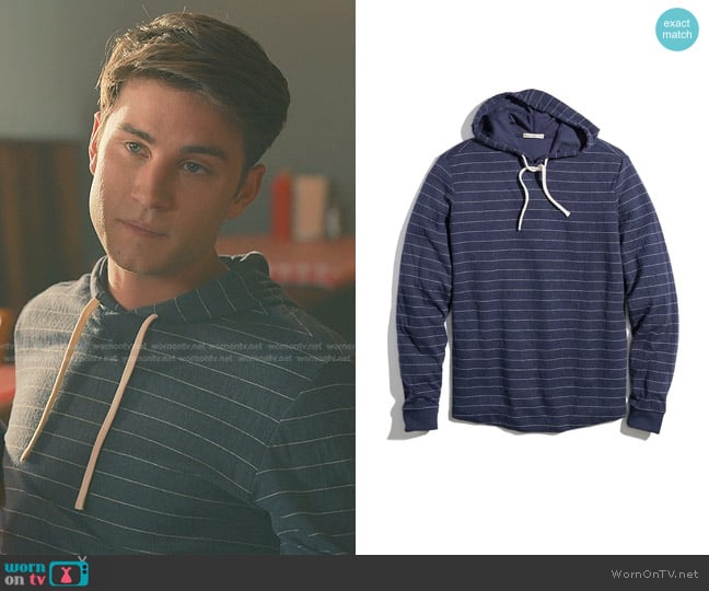 Marine Layer Double Knit Pullover Hoodie in Navy/White Stripe worn by Ty (Carson Rowland) on Sweet Magnolias