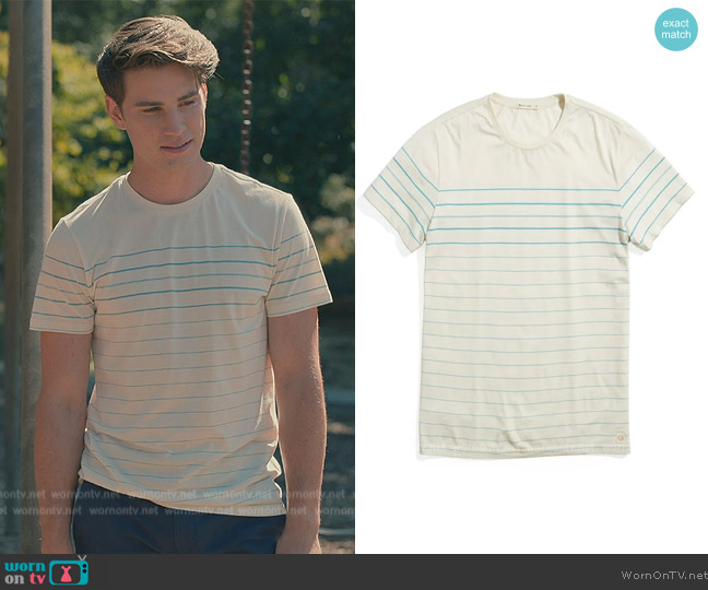 Marine Layer Signature Crew Tee in Blue Stripe worn by (Carson Rowland) on Sweet Magnolias