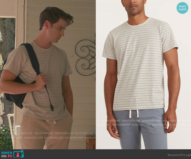 Marine Layer Signature Crew Tee in Hedge Green and Vintage Indigo Stripe worn by (Carson Rowland) on Sweet Magnolias