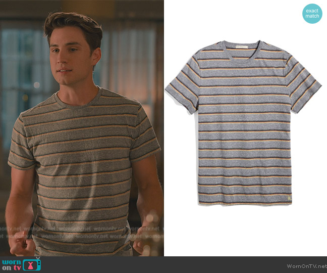 Marine Layer Signature Crew Tee in Heather Grey Sunset Stripe worn by (Carson Rowland) on Sweet Magnolias