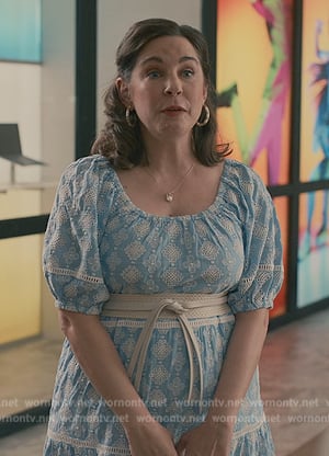 Mary’s blue floral print lace inset dress on Sweet Magnolias