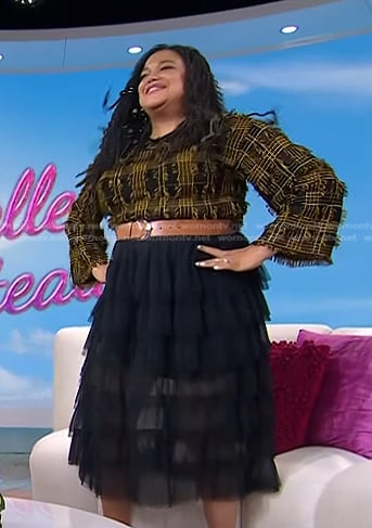 Michelle Buteau’s black plaid sweater and tiered tulle skirt on Today