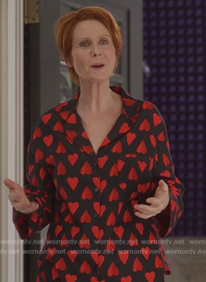 Miranda’s black heart print pajamas on And Just Like That
