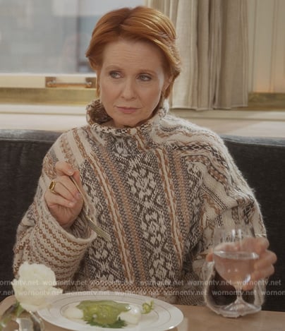 Miranda’s cowl neck patterned sweater on And Just Like That