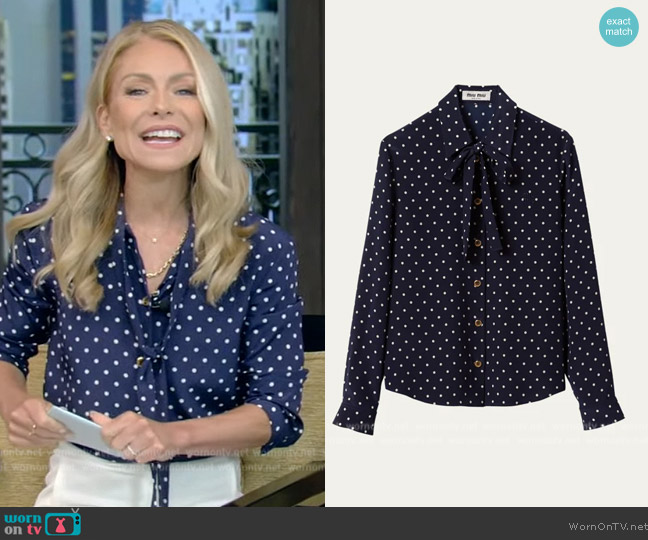 Miu Miu Polka-Dot Silk Scarf-Neck Shirt worn by Kelly Ripa on Live with Kelly and Mark