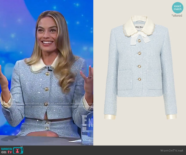 Miu Miu Single-Breasted Sequined Tweed Jacket worn by Margot Robbie on E! News