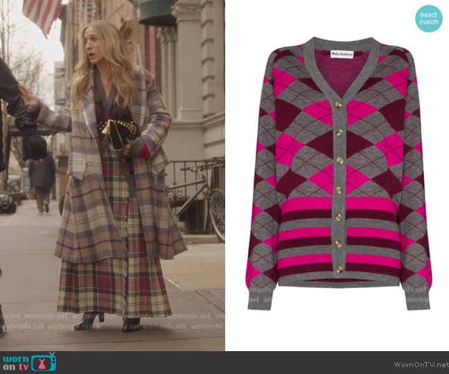 Molly Goddard Gabriella Argyle Knit Cardigan In Grey worn by Carrie Bradshaw (Sarah Jessica Parker) on And Just Like That