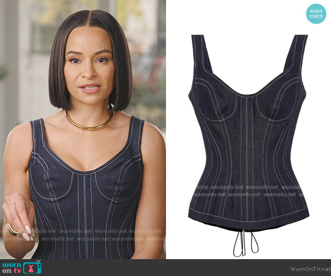 Mugler Denim Corset Bustier Top worn by Sai De Silva on The Real Housewives of New York City