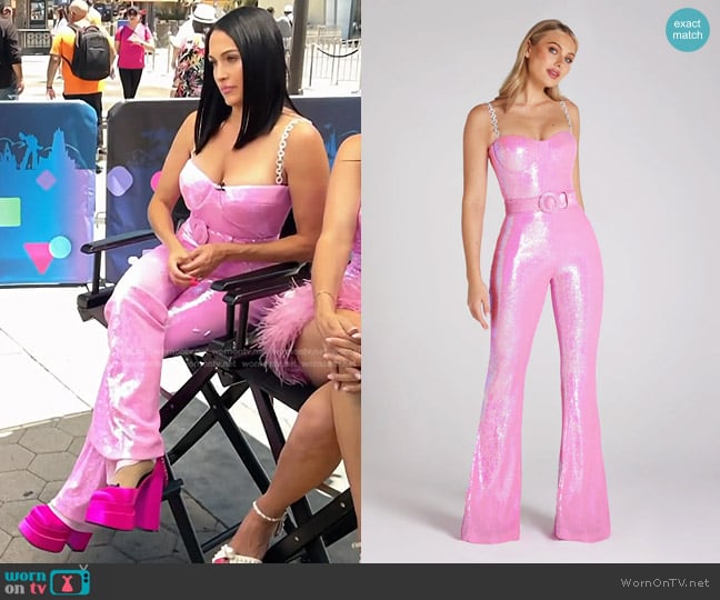 Nadine Merabi Tiffany Pink Jumpsuit worn by Nikki Garcia on E! News