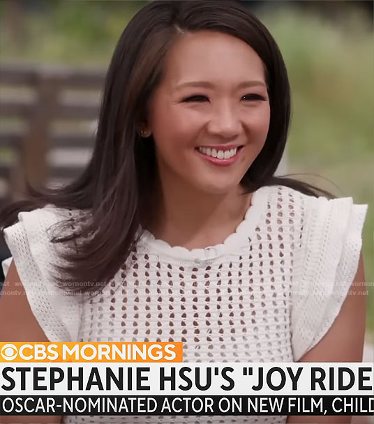 Nancy Chen’s white crochet knit top on CBS Mornings