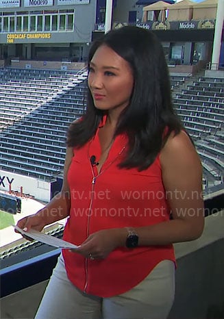 Nancy Chen’s red zip front top on CBS Mornings