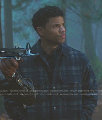 Ned’s navy plaid shirt jacket on Nancy Drew