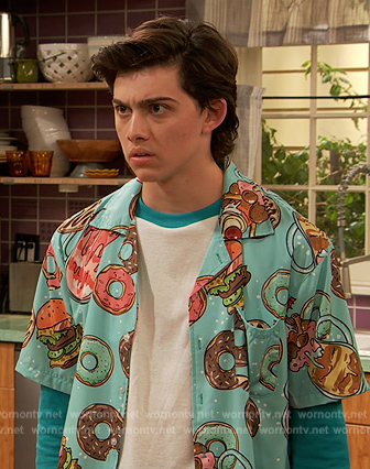 Neil’s blue donut print shirt on Ravens Home