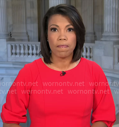 Nikole Killion’s red balloon sleeve dress on CBS Mornings